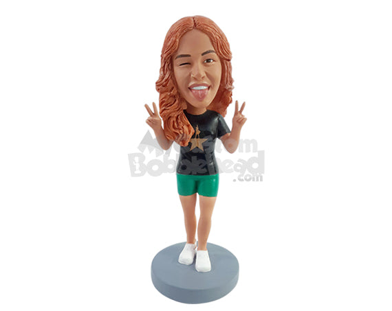 Custom Bobblehead Cool gal makng peace sign wth both hands wearing t-shirt and shorts - Leisure & Casual Casual Females Personalized Bobblehead & Action Figure Custom Bobblehead Cool gal makng peace sign wth both hands wearing t-shirt and shorts - Leisure & Casual Casual Females Personalized Bobblehead & Action Figure